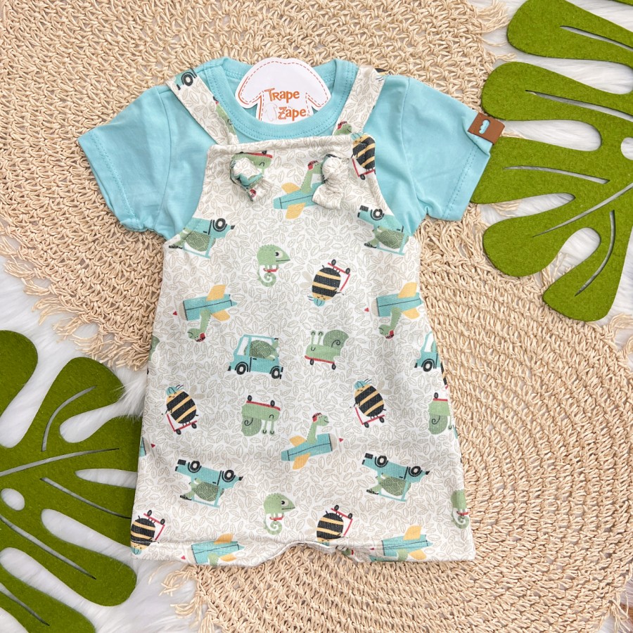  Conj. Camiseta Manga Curta e Jardineira Dinos com Bichinhos - Off White e Verde Água